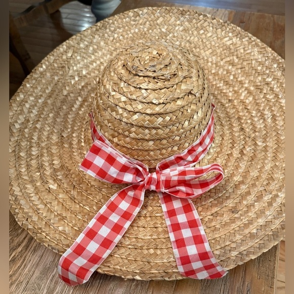 Accessories - Straw Sun Hat Red Gingham Ribbon W 18 opening size 7 Cottagecore Prarie Picnic
